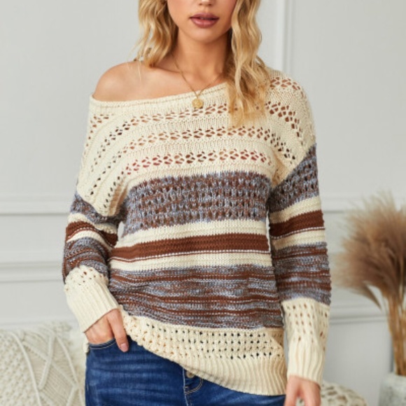 3xHP💝Brown loose Openwork Round neck sweater si… - Picture 3 of 7